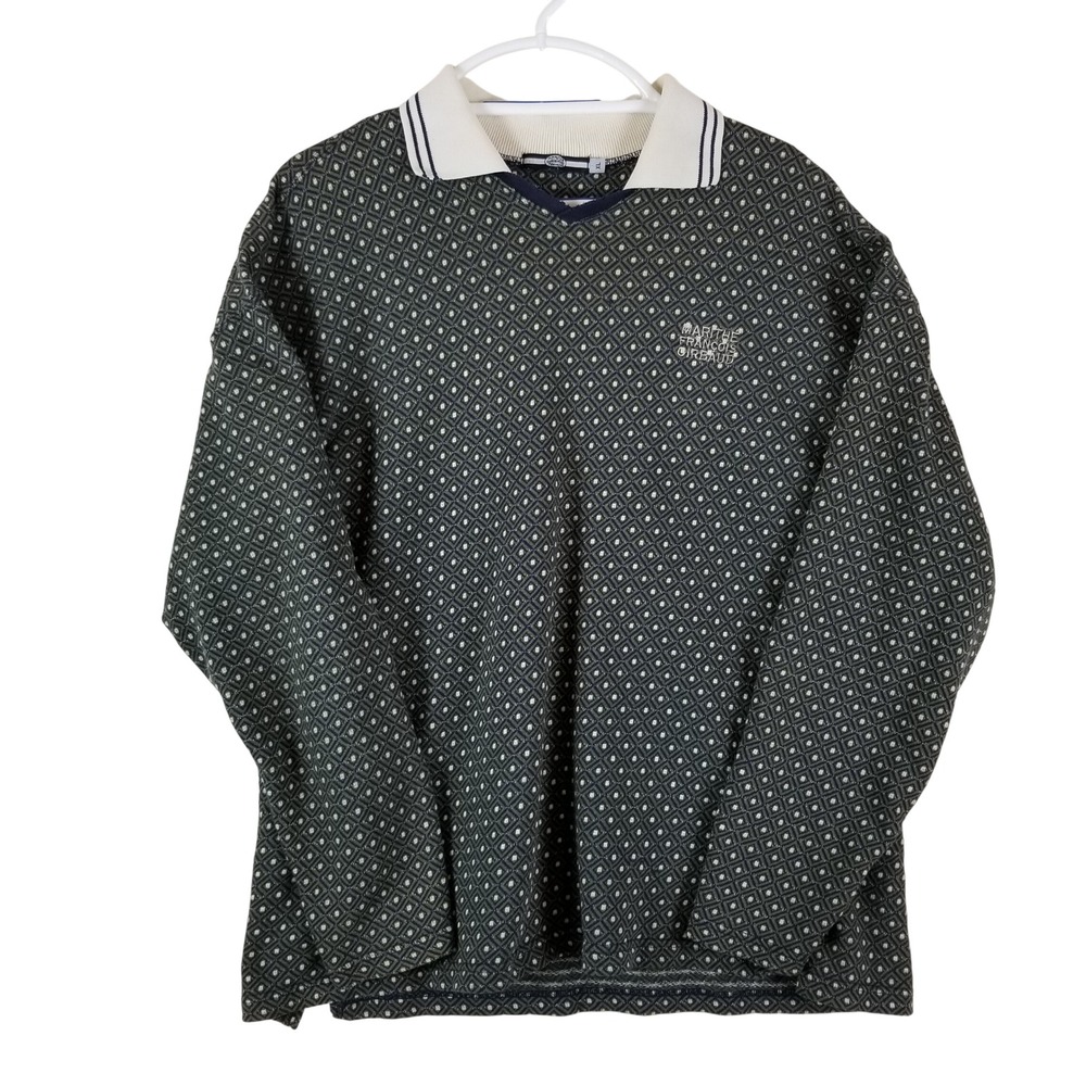 Marithe Francois Girbaud Polo Shirt Mens XL Green Geometric Knit Long Sleeve Vtg